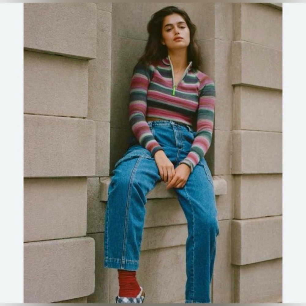 Urban Outfitters Lexi Cropped Viscose Blend Half Zip Sweater Top Striped Small - Picture 2 of 13